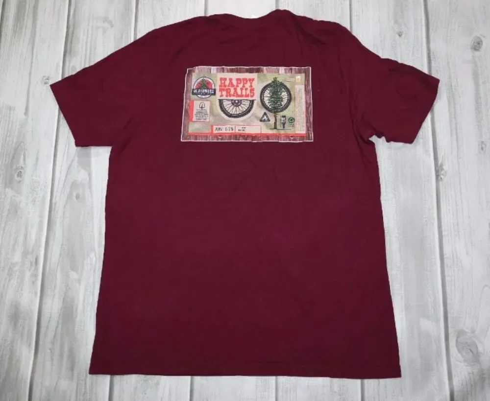 Old Spruce Brewing Happy Trails Beer Men's XL Maroon T-Shirt West Virgina Tree